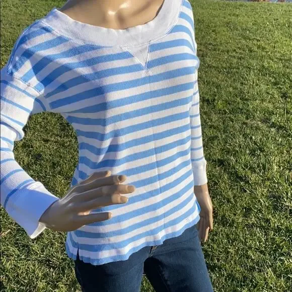 Lauren Ralph Lauren Women's White Blue Stripe Waffle Long Sleeve Sweater Top S - Picture 2 of 8